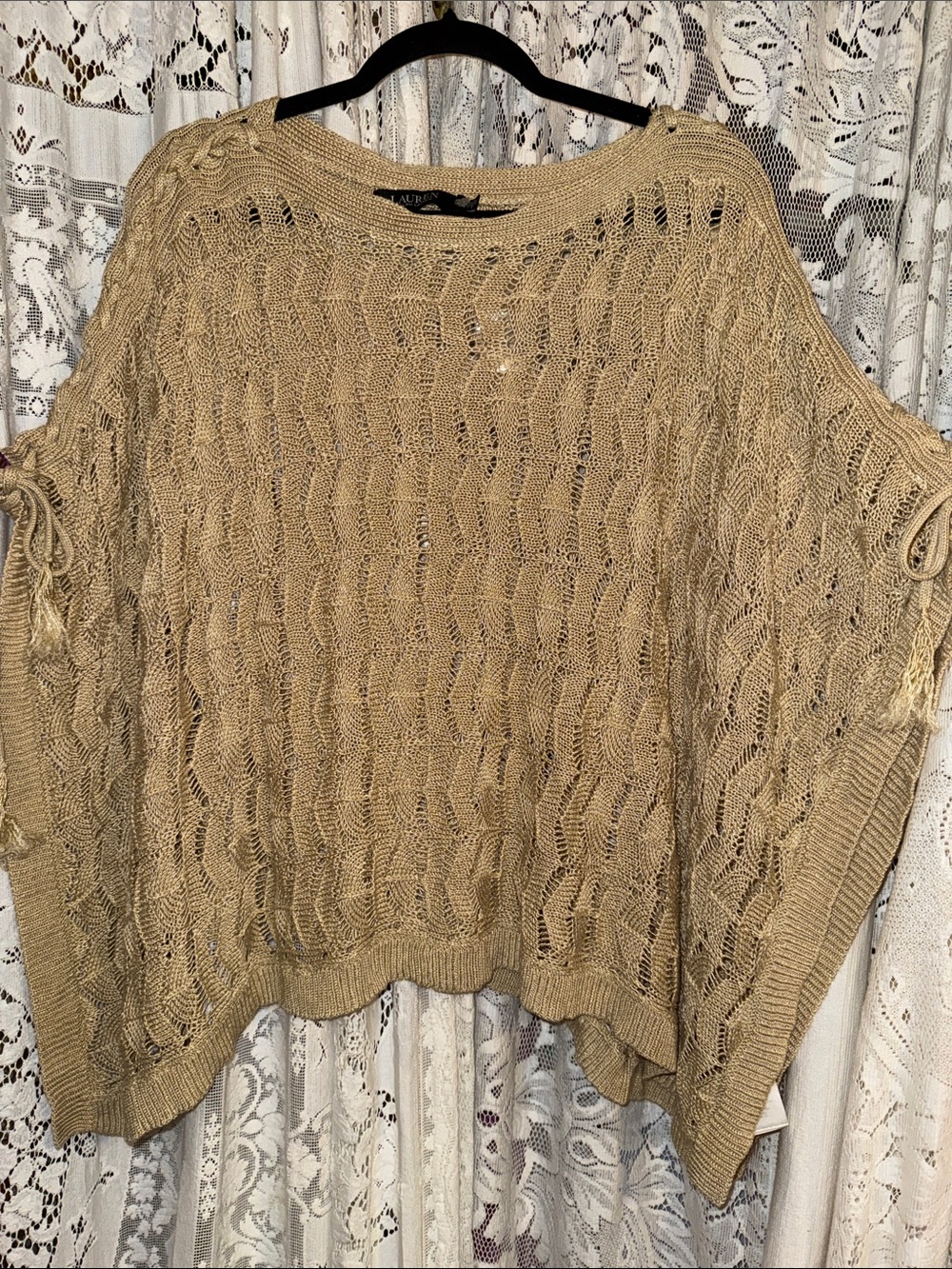 Black label Lauren Ralph Lauren Beige Open-Knit Off-Shoulder Poncho Sweater